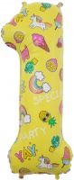Шар (34''/86 см) Цифра, 1, Веселые картинки, Желтый, в упаковке 1 шт.