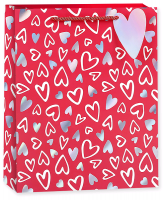 Пакет подарочный (23*18*10 см), Граффити сердец, Красный, Голография, 1 шт.