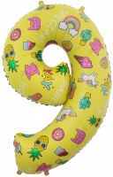 Шар (34''/86 см) Цифра, 9, Веселые картинки, Желтый, в упаковке 1 шт.