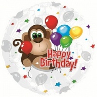 Шар (18''/46см) Круг, С Днем рождения (обезьянка) , Серебро, 1 шт.