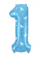 Шар (40''/102см) Цифра, "1", Slim, Лошадки, Голубой, в упаковке 1 шт.