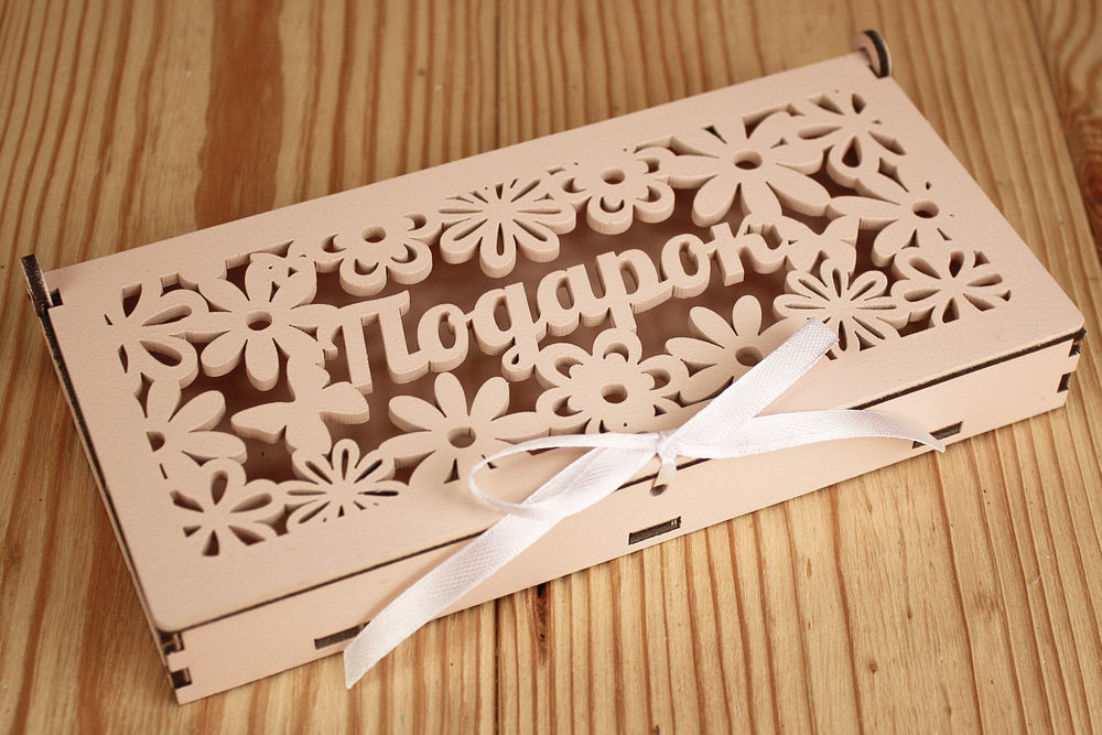 Купюрница "Подарок" с цветами (18,5*9*3) МДФ 3мм, окрашен., оформл., Пудровый-белый, 1 шт.