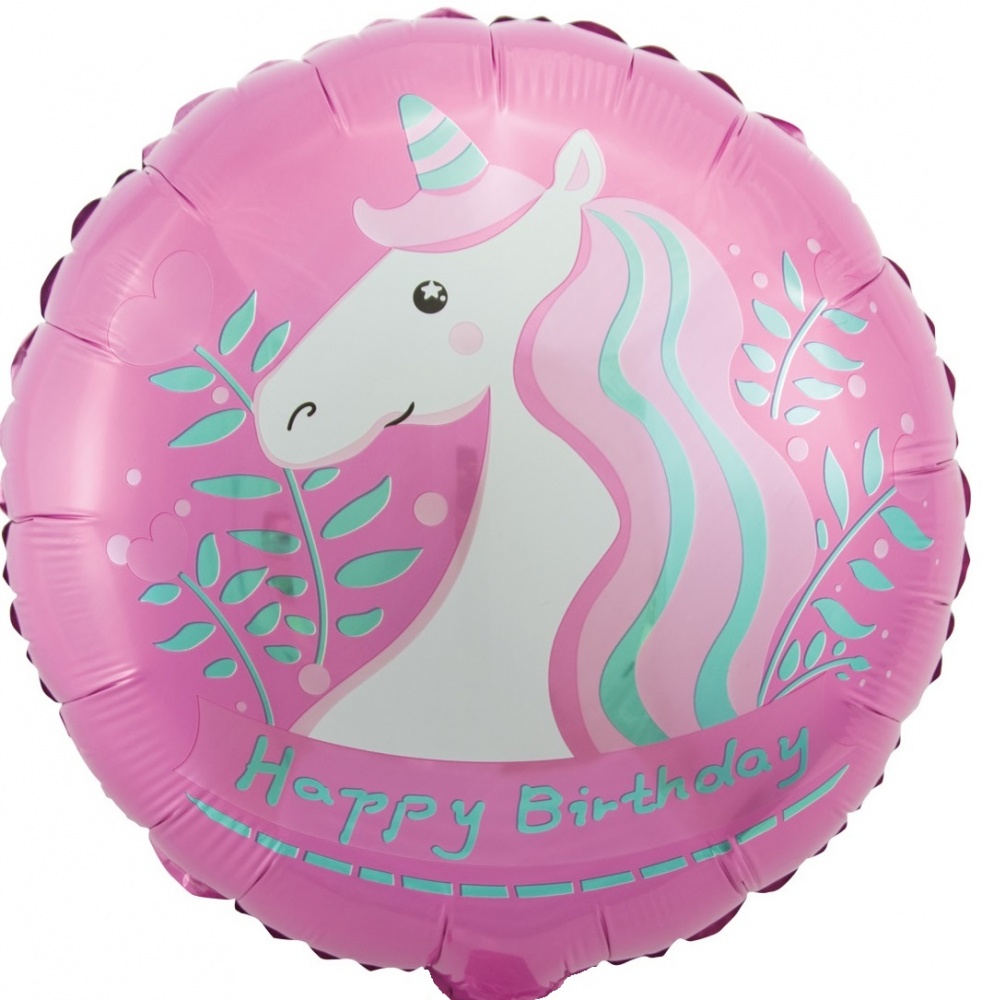 Шар (18''/46 см) Круг, С Днем Рождения (единорог), Розовый, 1 шт.