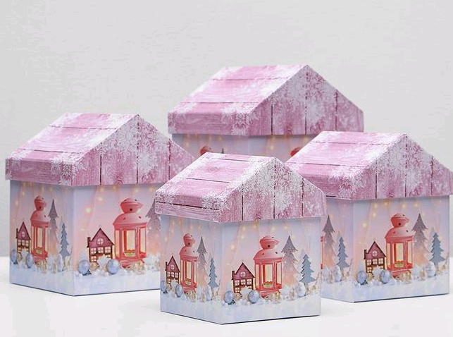 Коробка домик (10,5х10,5х13см), Розовые фонари, 1 шт.