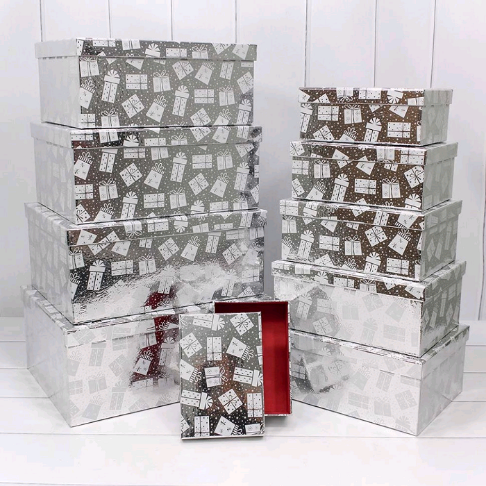 Коробка (19*13*7,5см), Новогодние подарки, Серебро, Металлик, 1 шт.