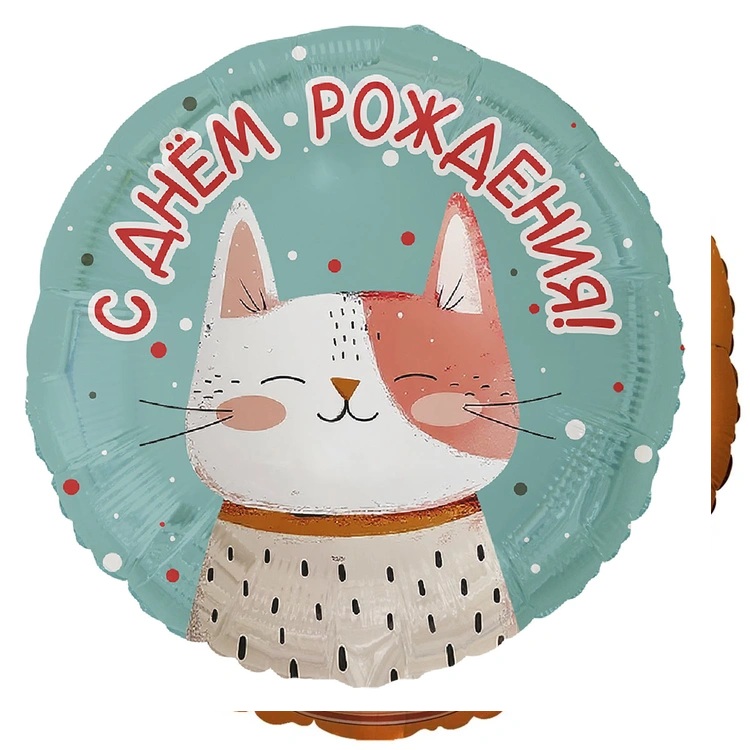 Шар (18"/45см) Круг, С ДР Котик рыжий с точками, 1 шт.
