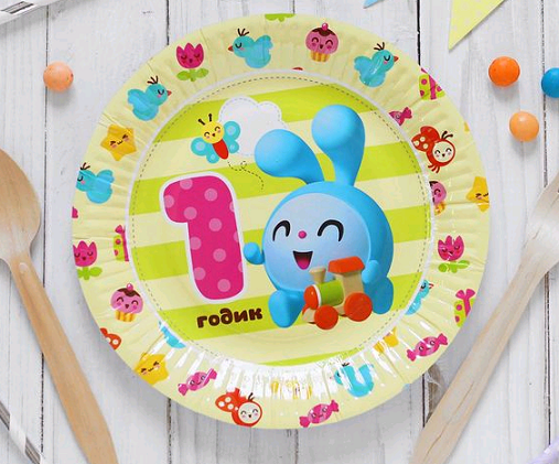 Тарелка бумажная (17см), "Малышарики" 1ГОДИК, 6 шт.