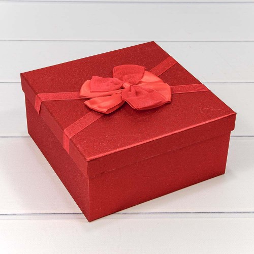 Коробка квадратная (17,5*8см), Блеск, Красный, с бантом, 1 шт.