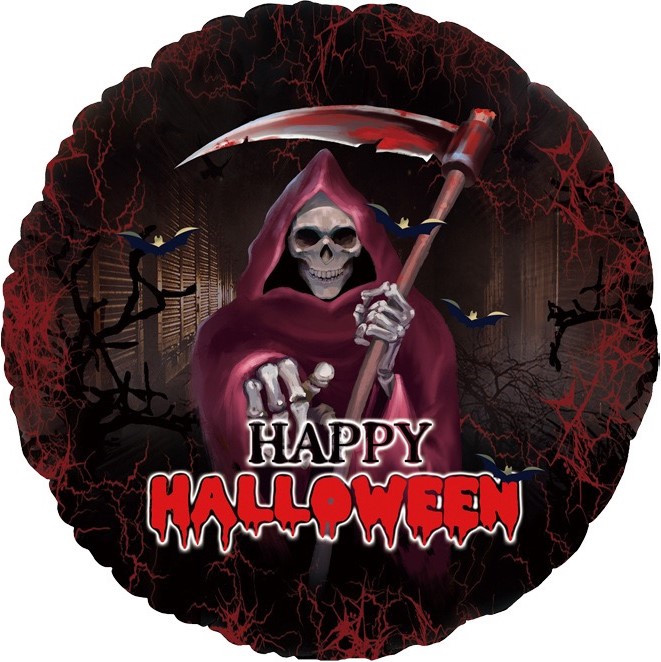 Шар (18''/46см) Круг, Веселый Хэллоуин, Смерть с косой, Черный, 1 шт.