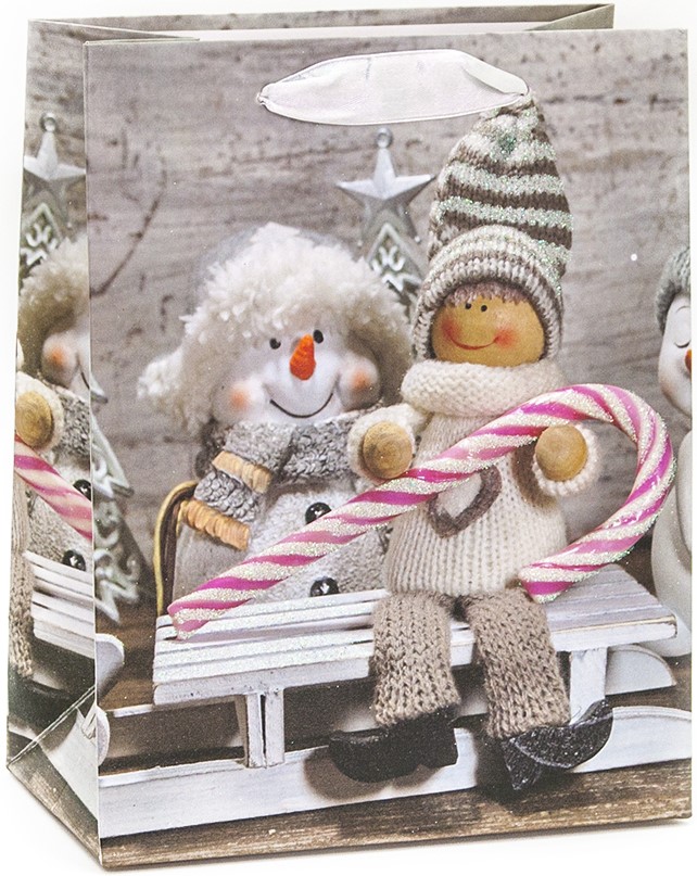 Пакет подарочный (23*18*10см), Новогодние снеговики, Серебро, с блестками, 1 шт.