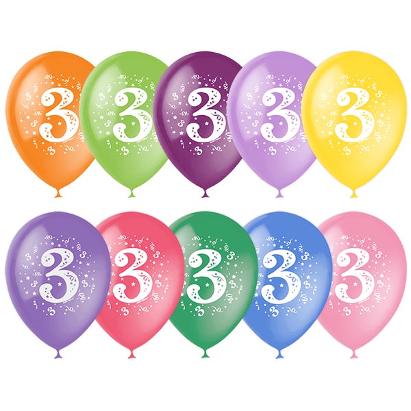 Шар (12"/30см) Цифра три, ассорти, П+Д (шелк), 2 ст. рис., 10 шт.