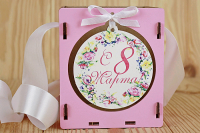 Подарочная упаковка (10,5*10,5*12 см) "С 8 марта!", МДФ 3мм, УФ печать, окраш., Розовый-белый, 1 шт.