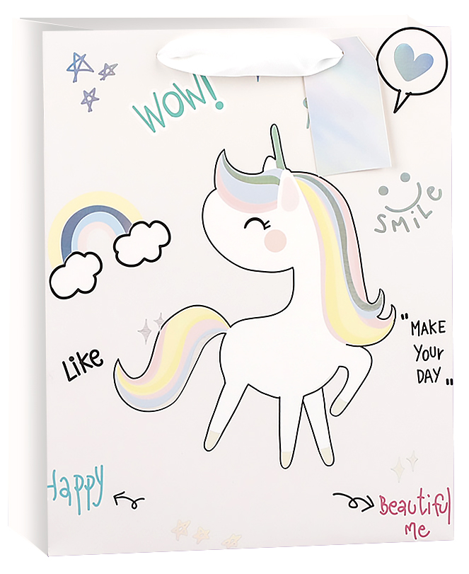 Пакет подарочный (23*18*10см), Радужный единорог, Самый Лучший День!, Нежно-розовый, Металлик, 1 шт.