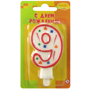 Свеча Цифра "9", Красное Конфетти, 1 шт.