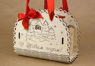 Подарочная упаковка-корзина (15,3*9,5*12,5см), "С Новым годом!" с домиком, Фанера, неокраш., 1 шт.