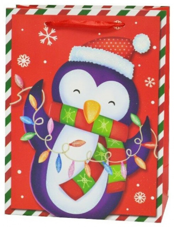 Пакет подарочный (23*18*10см), Снеговичок и олень, Серебро, с блестками, 1 шт.