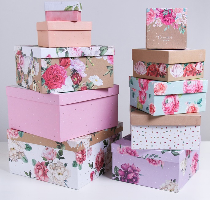Коробка квадратная (10,2х10,2х6см), Цветы, 1 шт.