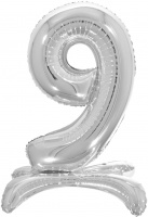 Шар (32''/81 см) Цифра, 9 на подставке, Серебро, в упак., 1 шт. 