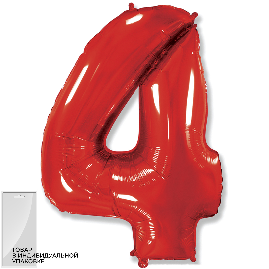 Шар (40"/102см) Цифра, "4", Красный, в упаковке, 1 шт.