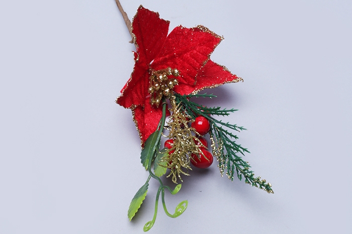 Бутоньерка новогодняя, пуансетия красная, 22 см, 1 шт.