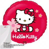 Шар (18''/45 см) Круг, Hello Kitty, Котенок в цветах, Красный, 1 шт. в упак.