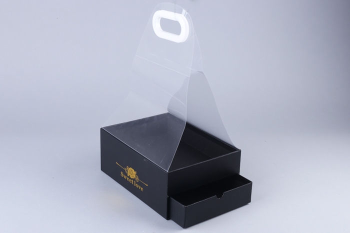 Коробка для цветов и конфет (25*18*10см), Квадрат, с прозрачной переноской, черная, 1 шт.