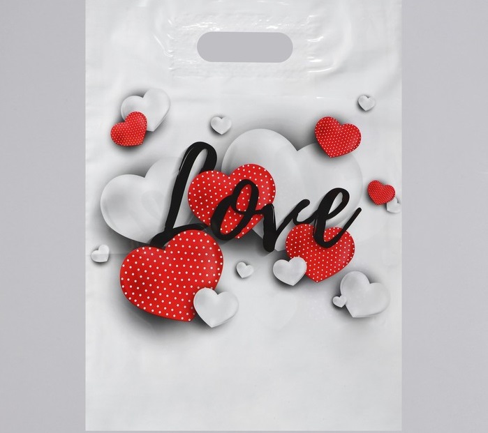 Пакет полиэтиленовый с вырубной усиленной ручкой (31*40 см) Сердца на белом, 1 шт.