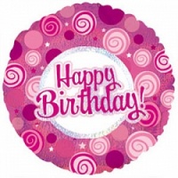 Шар (18''/46см) Круг, С Днем рождения (розовые завитки), Голография, 1 шт.
