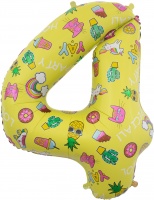 Шар (34''/86 см) Цифра, 4, Веселые картинки, Желтый, в упаковке 1 шт.