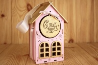 Подарочная упаковка (13,5*11,5*21см), "Новогодний домик", МДФ, окрашен., Розовый-золото, 1 шт.