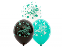 Шар (14"/35 см) Шелк, ДР Звезды бирюзовые, ассорти, 5 шт.