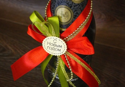 Украшение на шампанское "С Новым годом!" №5. Лента, оформл., Красный-зелёный, 1 шт.