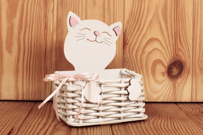 Корзинка плетёная (12,5*9*16,5см), из лозы, МДФ, лоза бумажная, окрашен., Котик, Белая, 1 шт. 