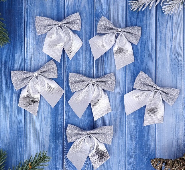 Украшение ёлочное "Бантик с блеском", серебро, 8 шт.