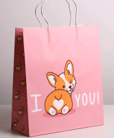 Пакет крафтовый (26*30*11,5 см), I love you, Корги, 1 шт.