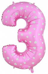 Шар (40''/102см) Цифра, "3", Розовый с сердечками, 1 шт.