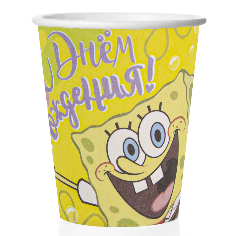 Стаканы (250 мл) Губка Боб, С Днем Рождения! Желтый, 6 шт.