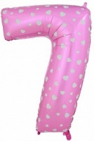 Шар (40''/102см) Цифра, "7", Розовый с сердечками, 1 шт.