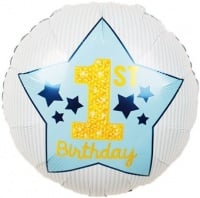 Шар (18''/46 см) Круг, 1-ый День рождения мальчика (звезды), Голубой, 1 шт.