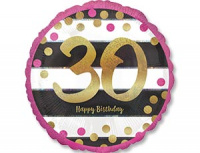 Шар (18"/46см) Круг "30", Полосы, черно-белые, голография, 1 шт.