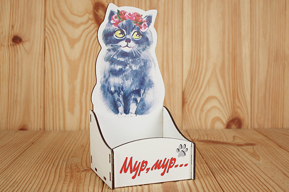 Подарочная упаковка (10*9,5*20см), Мур, мур..., МДФ 3мм, УФ печать, окраш., оформл., Белый, 1 шт.