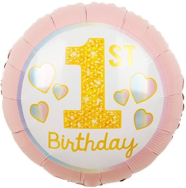 Шар (18''/46 см) Круг, 1-ый День рождения девочки (радужные сердечки), Розовый, 1 шт.