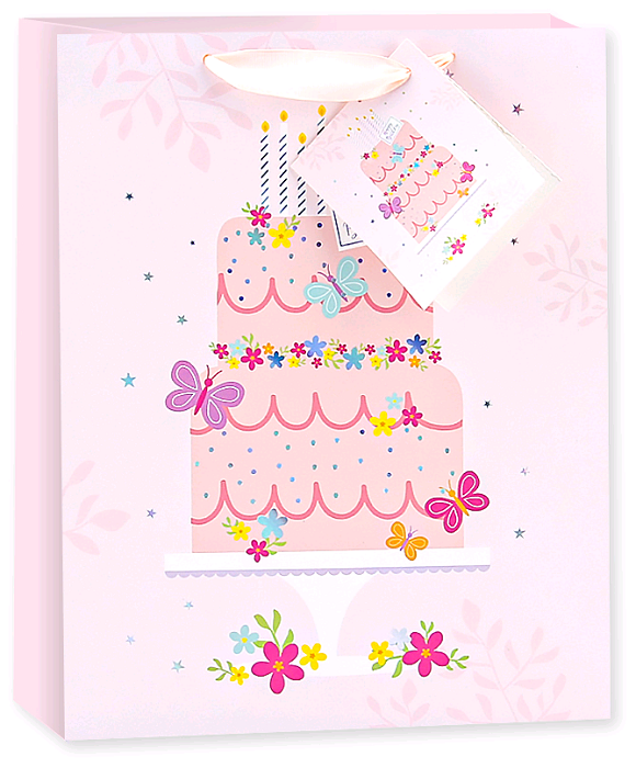 Пакет подарочный (23*18*10 см), Торт на День Рождения, Розовый, Голография, 1 шт.