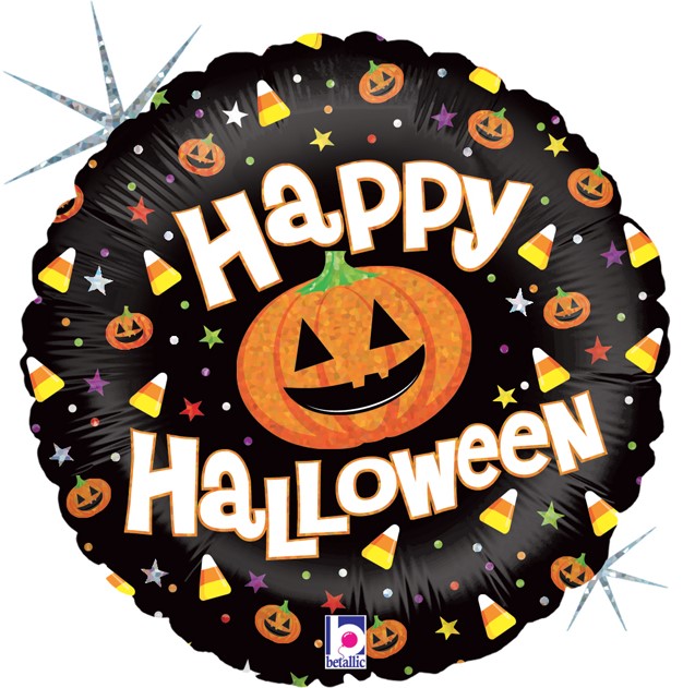 Шар (18''/46 см) Круг, Тыквы на Хэллоуин, Черный, Голография, 1 шт.