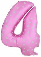 Шар (40''/102см) Цифра, "4", Розовый с сердечками, 1 шт.