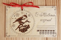 Открытка (9*14см), "С Новым годом!" со снегирём, Фанера 3мм, оформл., 1 шт.