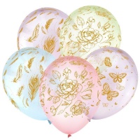 Шар (12"/30см) Цветы и бабочки, Золото, Ассорти Кристальные шары 5 ст., 100 шт.