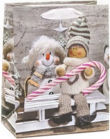 Пакет подарочный (23*18*10см), Новогодние снеговики, Серебро, с блестками, 1 шт.