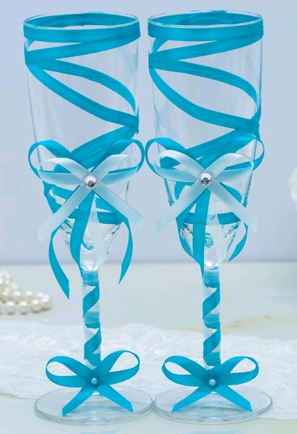 Набор свадебных бокалов, с лентой, бирюзовые, 1 шт.