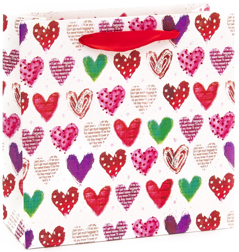 Пакет подарочный (20*20*8 см) Разноцветные сердца, Белый, Металлик, 1 шт.